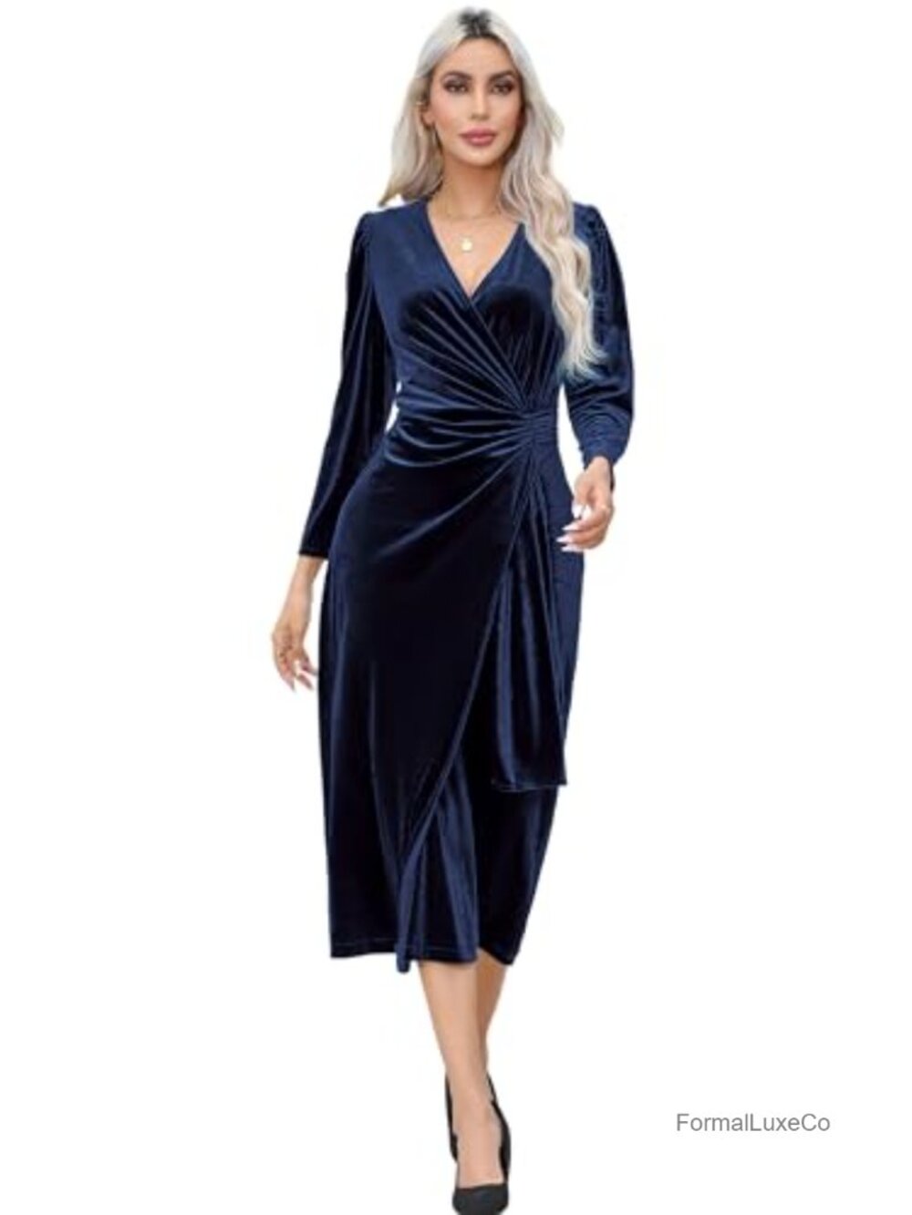 Velvet Wrap Midi Dress Long Sleeve V Neck Ruched Waist Elegant Fall Winter